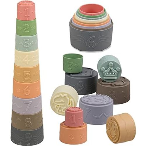 9 Piece Stacking Cups Toy Colorful Baby Toy Educational Learning Set, Silicone Soft Teething Toy, Baby Girl&Boy Gifts for 0-3 Years