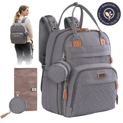 BabbleRoo Original Diaper Backpack 26L with Changing Pad, Stroller Straps & Water-Resistant Pañaleras, Cool Gray, Large