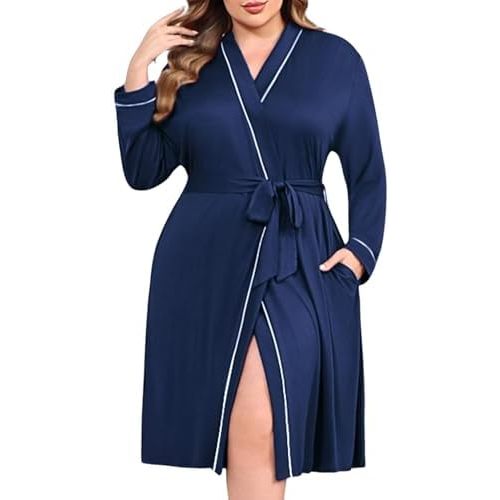 Ekouaer Plus Size Robes for Women Lightweight Bathrobe V Neck Kimono Loungewear Soft Maternity Robes with Pockets 1X-5X