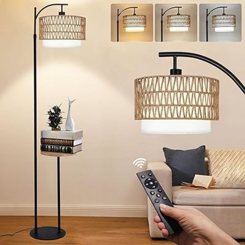 Arc Floor Lamp with Table and Shelves,Rattan Boho Floor Lamp with Remote Control,Rustic Floor Lamp For Bedroom Wicker Standing Lamp with 3 Color Temperature Tall Floor Lamp For Living Room Corner