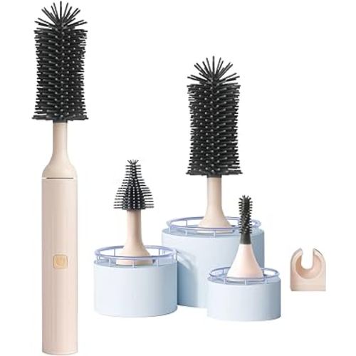 Electric Baby Bottle Brush Cleaner Set with Electric Bottle Brush, Silicone Water Bottle Cleaner,Nipple/Gap/Straw Brush,Rechargeable Automatic Bottle Cleaner Brush, Pink