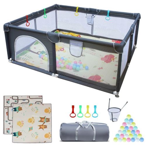 Garvee Small Playpen for Babies, Baby Care Playpen With Basketball Hoop, Carrying Travel Bag, Foldable Playmat, Ocean Balls, Handholds (Large)