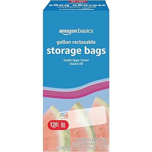 Amazon Basics Reclosable Gallon Food Storage Bags, Stand &Fill Base, 120 Count