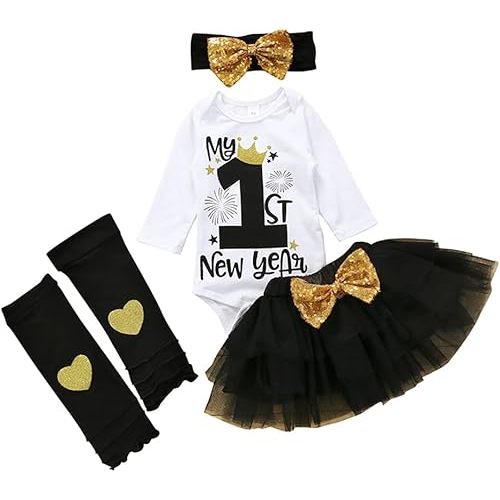 XFGLCK Newborn Baby Girls New Year Outfit Long Sleeve Romper+ Black Mesh Tulle Tutu Skirt +Legging Warms Set