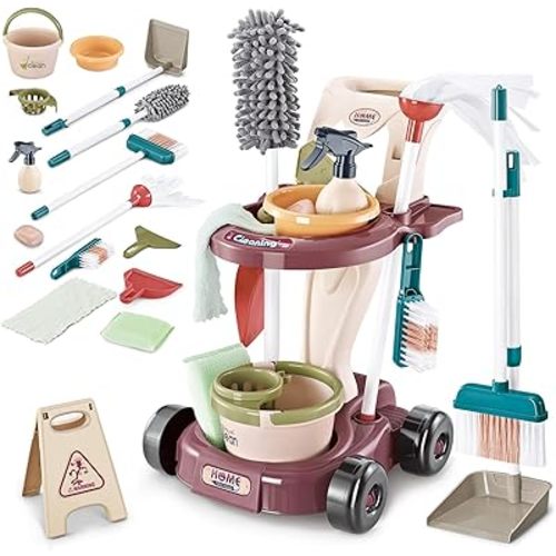 deAO Kids Cleaning Set,Pretend Play Detachable Housekeeping Cart with Broom,Dust Pan,Spray Bottle Children House Cleaning Tools Toys,Educational Toddler Cleaning Carts