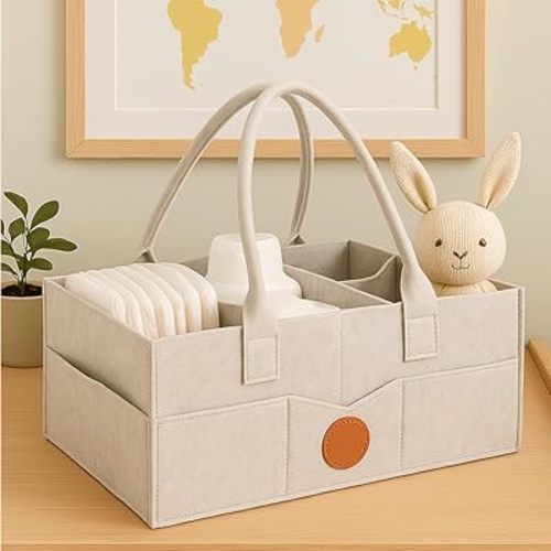 Felt Diaper Caddy, Organizer Bag – Nursery Storage Bin for Diapers, Wipes, and Baby Essentials - Portable, Baby Gift for Newborns, Color: Oatmeal
