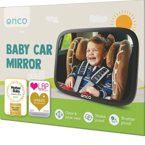 Onco Baby Car Mirror Rear Facing - Double Award-Winning Convex Car Mirror for Baby, 100% Shatterproof & Shakeproof with 360° Rotation, Newborn Essentials (9.6 x 6.9 in)