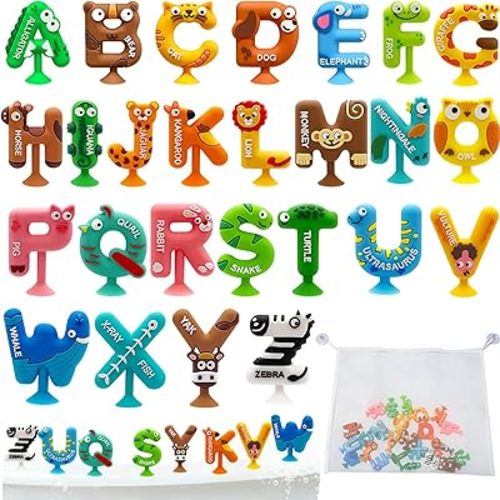 ABC Alphabet Learning Toys for Kids Ages 3-5, 26PCS Suction Bath Toys Mold-Free, Silicone Bath Toys No Hole for Toddlers, Animal Alphabet Set, Educational Suction Toys (with White Storage Organizer)