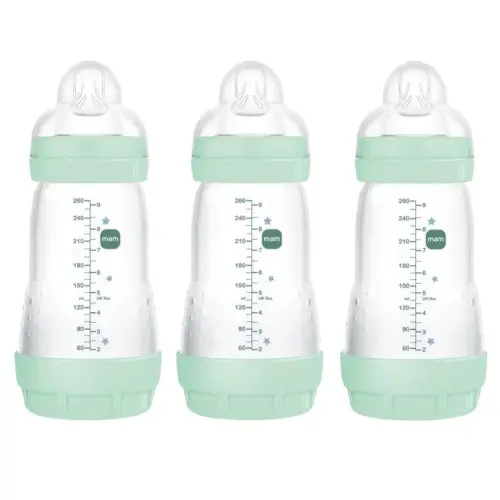MAM 9oz Easy Start Anti-Colic Baby Bottles, Medium Flow, Breastfeeding-Like Silicone Nipple Bottle, Reduces Colic, Gas, & Reflux, Easy-to-Clean, BPA-Free, Colors May Vary