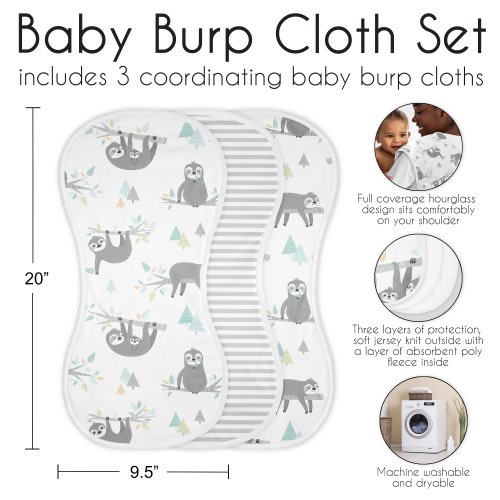 Sweet Jojo Designs Blue Jungle Sloth Absorbent Burp Cloths 3 Pack Set Turquoise Grey and Green Gender Neutral Botanical Animal
