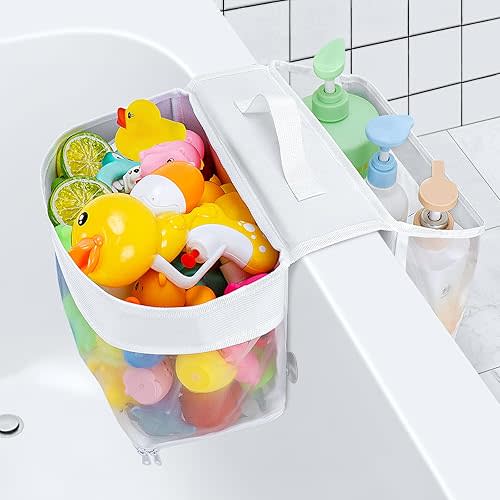 Dreamtop Saddle Shape 2 Compartment Bathtub Toy Storage, Bath Toy Holder for Bathtub, Mesh Bath Toy Organizer with Zipper for Drying Toys and Storage