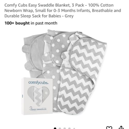 Comfy Cubs Easy Swaddle Blanket, 3 Pack - 100% Cotton Newborn Wrap, Small for 0-3 Months Infants, Breathable and Durable Sleep Sack for Babies - Grey