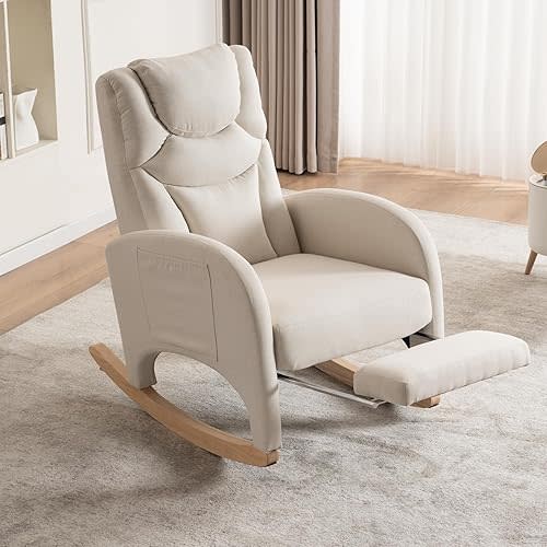 Rocking Chair Nursery, Modern Glider Chair with Adjustable Footrest and Solid Wood Legs, High Backrest Nursery Chair with Side Pocket, Rocker Armchair for Living Room Bedroom, Cotton Linen Beige