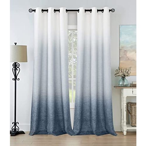 Central Park Ombre Rayon Blend Heavy Linen Texture Window Curtain Panel 6 Grommets Top Gradient Cream White to Indigo Blue Window Drapes Treatment for Living Room/Bedroom, Set of 2, 40" x 95" Each