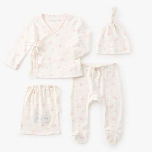 Pink Swan Print Organic Cotton Pointelle Layette 3 Pc Gift Set – Elegant Baby