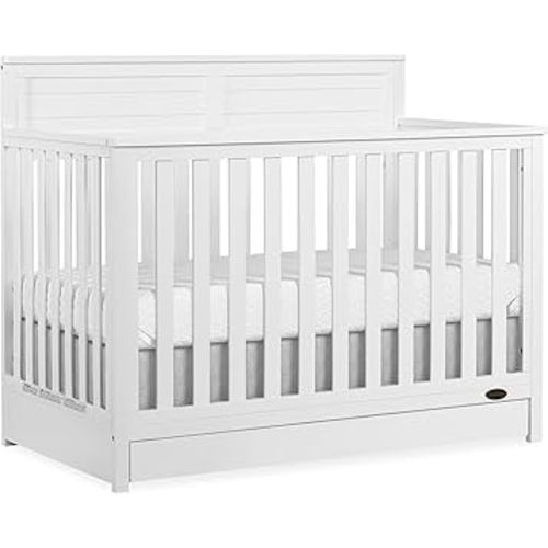 Dream On Me JPMA & Greenguard Gold Certified Reign 5 in 1 Convertible Crib with Under Drawer in White, Made of Sustainable Pinewood, Non-Toxic Water-Based Paint Finish