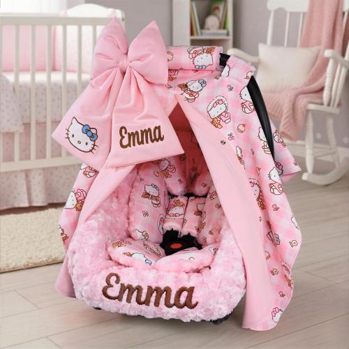 Personalized Pink Hello Kitty Baby Car Seat 6pc Set - Embroidered Bow and Liner - Baby Car Seat Accessories - Head & Body Support Insert