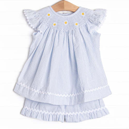 Daisies Go By Smocked Ruffle Short Set, Blue – Stitchy Fish