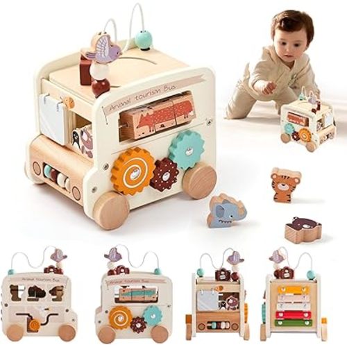 8-in-1 Montessori Wooden Activity Cube, for Babies 18 Months+, Animal Tourism Bus Shape, Essential for Intellectual Enlightenment