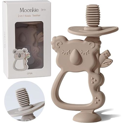 Moonkie Teething Toy, Safe & Easy to Hold BPA Free Silicone Teethers, 360° Baby Toothbrush with Suction Base, Teether Toys Best for Babies 6-12 Months (Koala Warm Taupe)