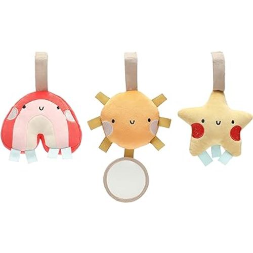 Pearhead Rainbow Sun and Stars Stroller Toys, Plush Corduroy Baby Travel Car Seat Toy Set, Baby Hanging Interactive Toys, Gender-Neutral Baby Travel Accessories, Rainbow Sun Stars Set of 3