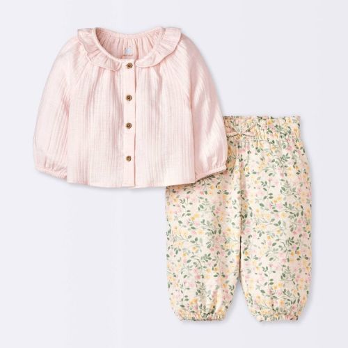 Baby Girls' Floral Lettuce Collar Gauze Top & Bottom Set - Cloud Island™ Pink 6-9m
