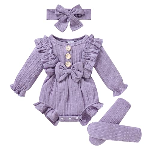 GRNSHTS Newborn Baby Girl Clothes Ruffle Solid Sweater Long Sleeve Romper+Hairband+Socks 3Pcs Fall Winter Outfits