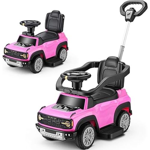 First Ride On Licensed Ford Bronco Raptor 3-in-1 Toddler Push Car, Baby Push Car for Toddlers 1-3, Toddler Ride on Toy for Girl w/Adjustable Handle, Rails, Music and Horn, Stroller Substitute (Pink)