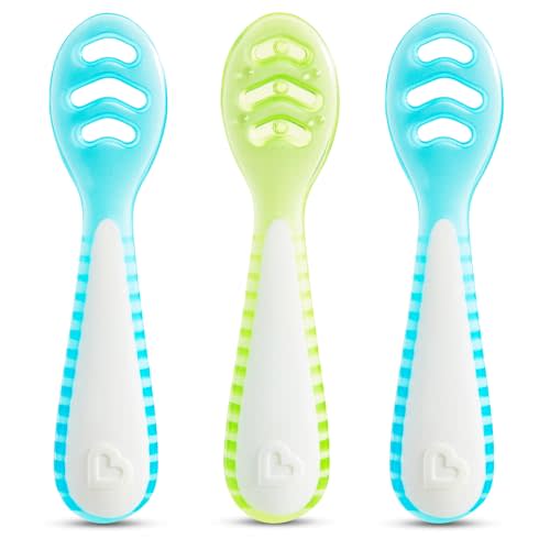 Munchkin Gentle Dip Baby Spoons for Self Feeding and Baby Led Weaning, 3 Pack, Blue/Green