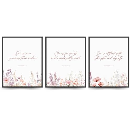 PLKMN Pink Christian Nursery Decor,Wildflower Nursery Wall Art Prints 8x10,Girl Nursery Wall Art Print,Bible Verse Floral Wall Art for Bedroom Playroom Baby Girl Gift,Set of 3 Unframed