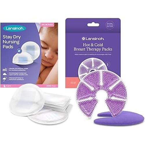 Lansinoh Disposable Nursing Pads, 200 Count, and Breast Therapy Packs with Soft Covers, 2 Pack, Breastfeeding Essentials for Moms