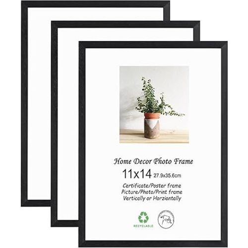 LYYYXGYP 11x14 Picture Frame 3 Pack Black Solid Oak Wood Photo Frames Wooden Poster Certificate Diploma Frame with Plexiglass for Gallery Art Wall Collage Decor Gift