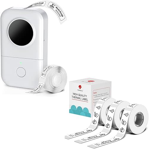 Label Maker with 4 Tapes - Black on White Label Tape 14X50mm, Mini Bluetooth Label Printer, Portable Smart Phone Handheld Sticker Labeler Inkless Rechargeable BPA-Free