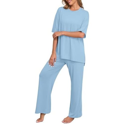 PrinStory Womens Pajamas Sets 2 Piece Lounge Set Short Sleeve Tops and Long Pants Soft Pjs Loungewear with Pockets