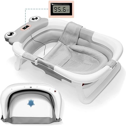 Collapsible Baby Bathtub with Thermometer and Detachable Mesh Seat, Water Scooper, and Travel Bag