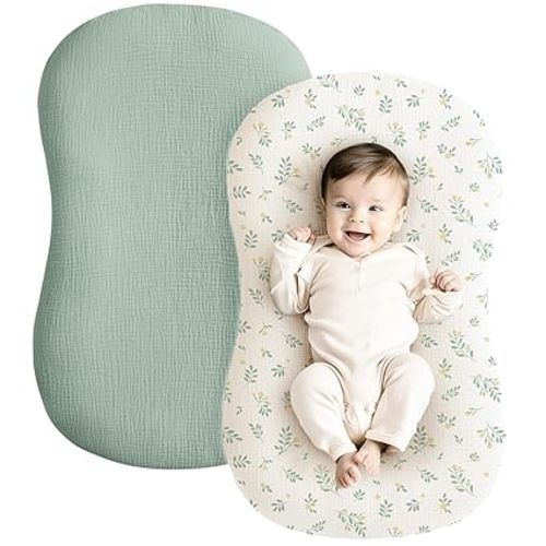 Konssy Muslin Baby Lounger Cover 2 Pack, 100% Cotton Newborn Lounger Cover, Soft and Breathable Lounger Cover for Boys Girls, Covers Only (Leaf,Green)