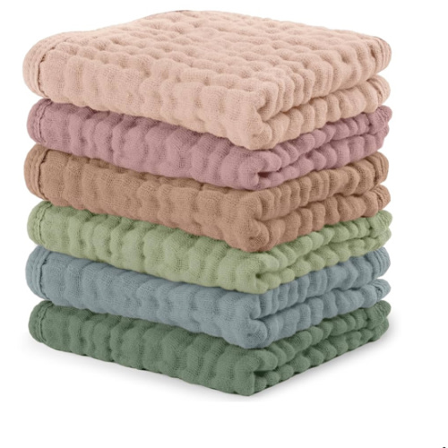Comfy Cubs Muslin Baby Washcloths 6 Pack - Soft 6-Layer Cotton Wash Cloths for Sensitive Skin - 10"x10" Large, Gentle, Absorbent Infant Essentials for Newborn and Toddlers - Multicolor