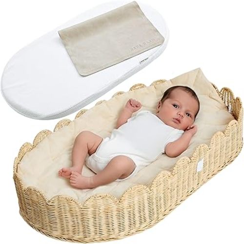 BEBE BASK Premium Baby Changing Basket - Artisan-Crafted Scalloped Rattan - Changing Basket for Baby Dresser - All Accessories Included - Complete Set for Nursery (Natural)