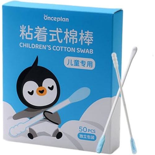 Baby Sticky Cotton Swab, 50 Pcs Kid’s Double-End Cotton Buds with Paper Stick, Two Styles, 2.99’’ Individual Pack, Disposable Swabs for Ear Nose Clean (【50pcs】Adhesive Tip + Ear Spoon Tip)