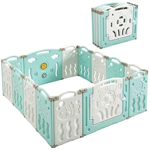 Albott Play Yard Baby Playpen 14 Panels Foldable - Kids Safety Play Center Yard Game Panel and Gate with Safety Lock Adjustable Shape for Children Toddlers Indoors or Outdoors 25 Sq Ft(Blue+White)