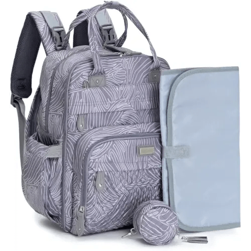 BabbleRoo Diaper Bag Backpack - Baby Essentials, Travel Essentials Baby Bag with Changing Pad, Stroller Straps & Pacifier Case - Unisex, Gray Swirls