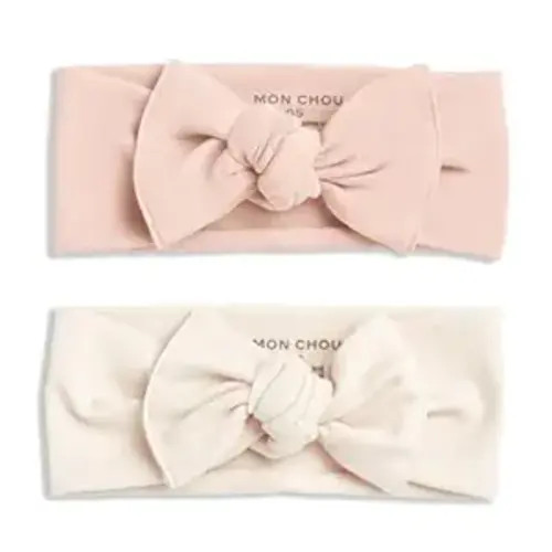 MON CHOU Baby Headbands - Set of 2 Organic Cotton Headbands for Baby Girls - Ultra Soft, 100% Pima Cotton Infant Hair Bows (Ivory & Bloom)