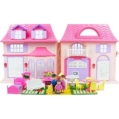 Boley American Doll House - 21 Pc Kids & Toddler Toy House Playset with Furniture, Dolls, Lights & Sounds, Foldable Portable Dollhouse for Girls & Boys