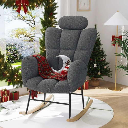 UHOMEPRO Modern Teddy Fabric Rocking Chair, Accent Rocker Chair with High Backrest, Accent Glider Rocker for Living Room Bedroom Playroom, Gray