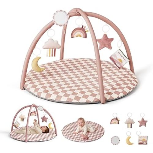 Blissful Diary Baby Play Gym Mat, Play Mat Activity Mat with 6 Detachable Toys for Stage-Based Sensory & Motor Skill Development, Easy to Install & Clean, Baby Essentials Gift, Blush Checkered