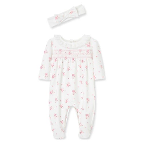 Baby Rose Smocked Yoke Cotton Footie & Headband Set, 6M