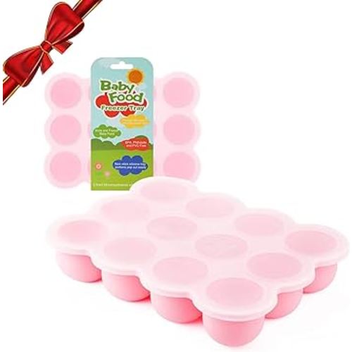 Samuelworld Baby Breast Milk and Food Storage Container, 12 Portions x 2.5oz, Stackable Food Grade Silicone Tray with Clip-On Hard Lid for Homemade Purees, Vegetables & Fruits - Pink