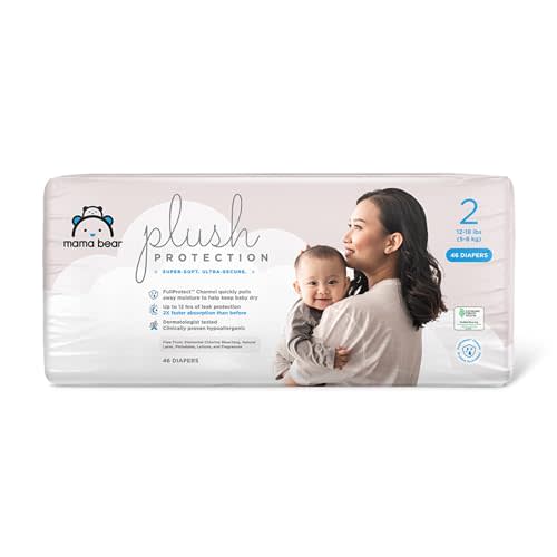 Amazon Brand - Mama Bear Plush Protection Diapers - Size 2, 46 Count, Hypoallergenic Premium Disposable Baby Diapers, White and Cloud Dreams