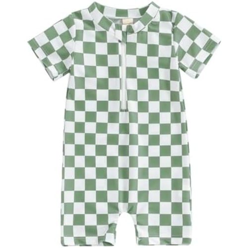 Toddler Baby Boy Girl Swimsuit Checkered One Piece Swimwear Short Sleeve Zipper Rash Guard Beach Bathing Suit