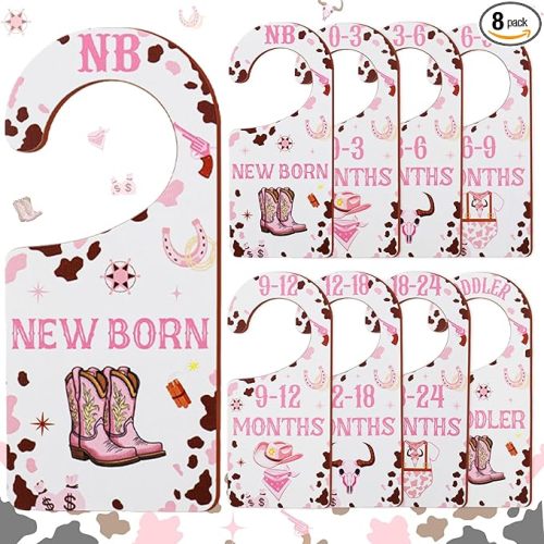 Baby Closet Dividers 8PCS, Western Cowgirl/Wild West Rodeo Themed Wooden Double-Sided Clothes Size Hanger Organizer from Newborn to Toddler for Nursery Decor Baby Shower Birthday Gift Pink